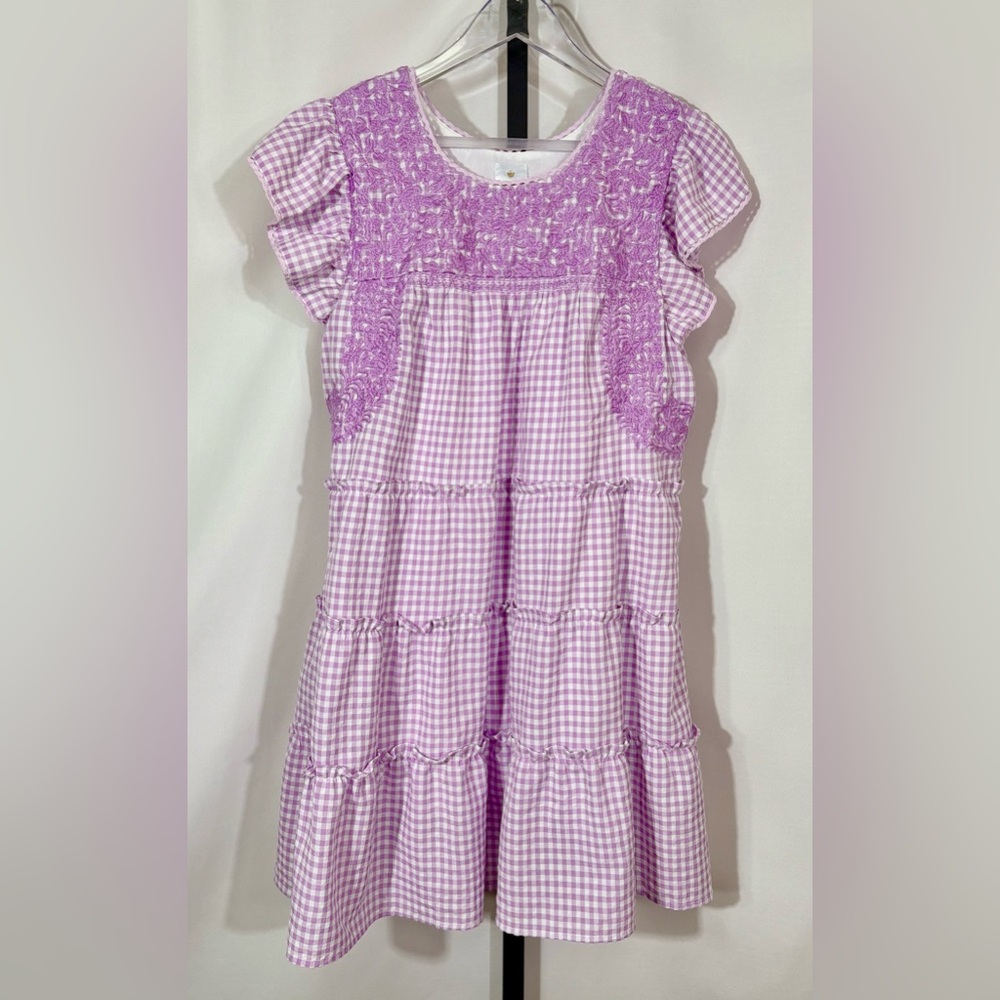 J. Marie Purple Gingham Tiered Embroidered Dress Size Small
